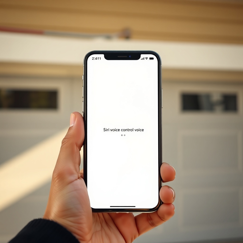 Clean photorealistic photo of a user holding a smartphone with Siri voice control interfac