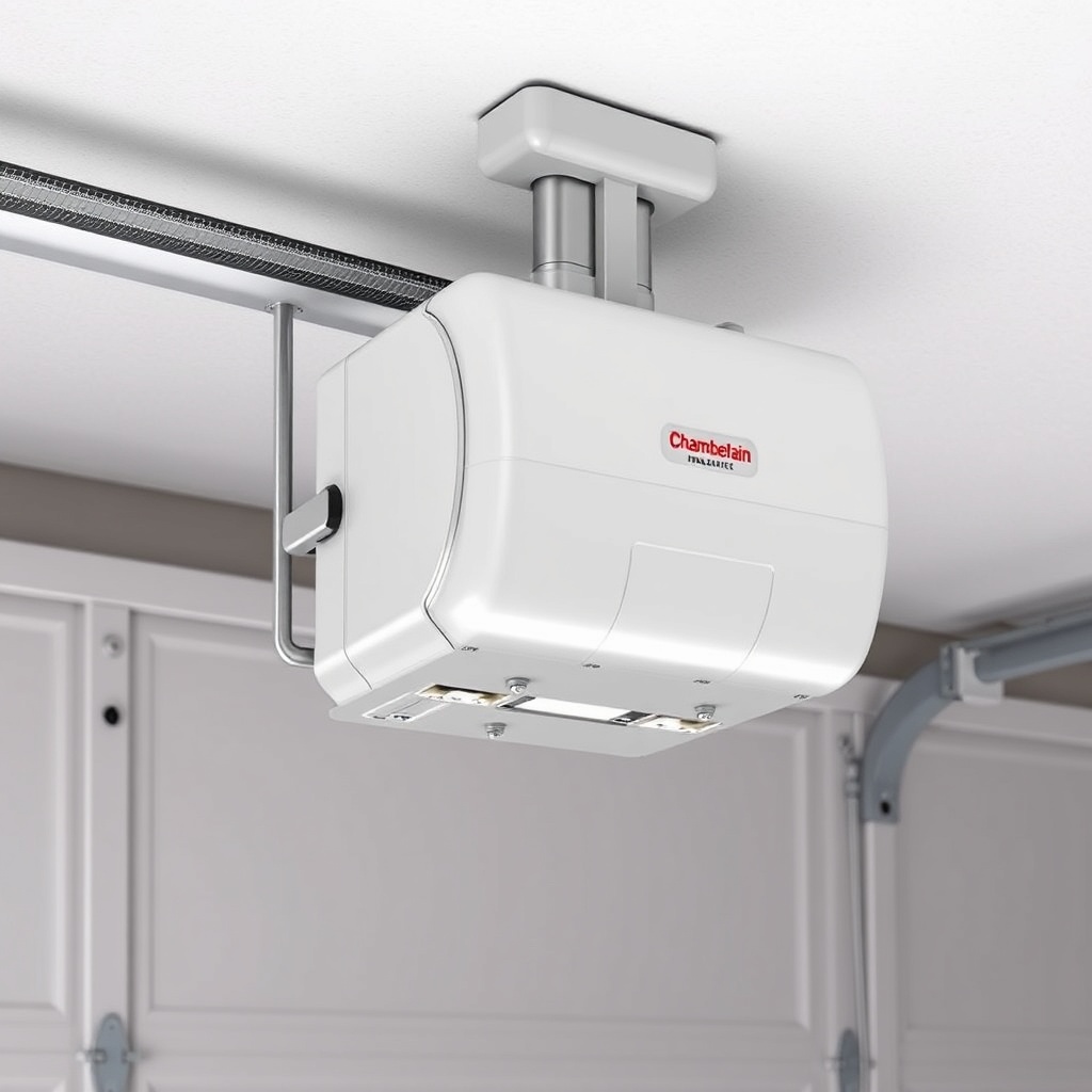 <clean photorealistic photo/illustration of Chamberlain B970 mounted on a insulated garage
