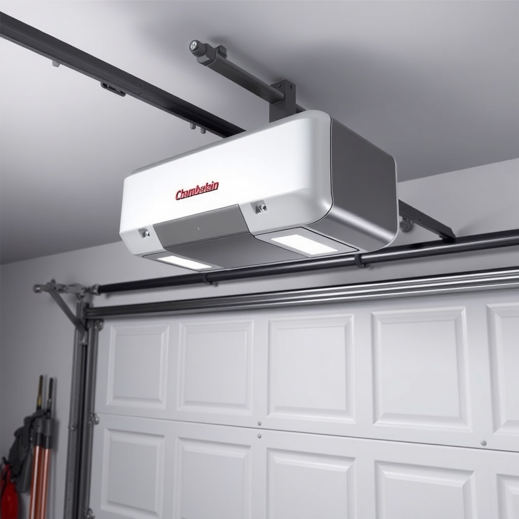 <clean photorealistic photo/illustration of a Chamberlain B970 garage door opener with a w
