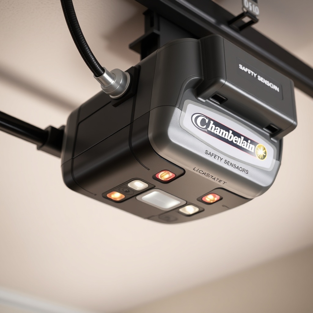 Close-up of Chamberlain B970 unit mounted on garage ceiling
