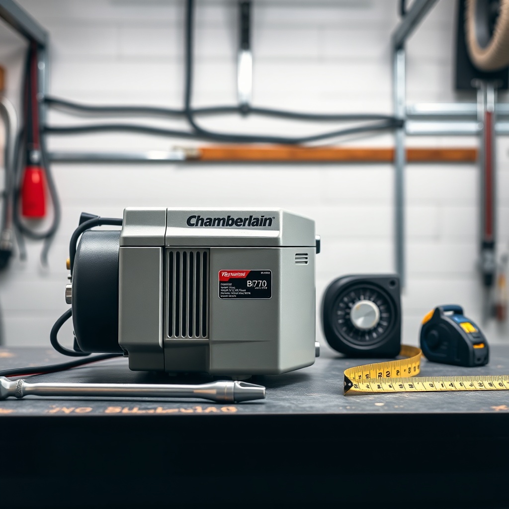 A clean close-up of a Chamberlain B970 motor unit on a workbench with tools like a socket