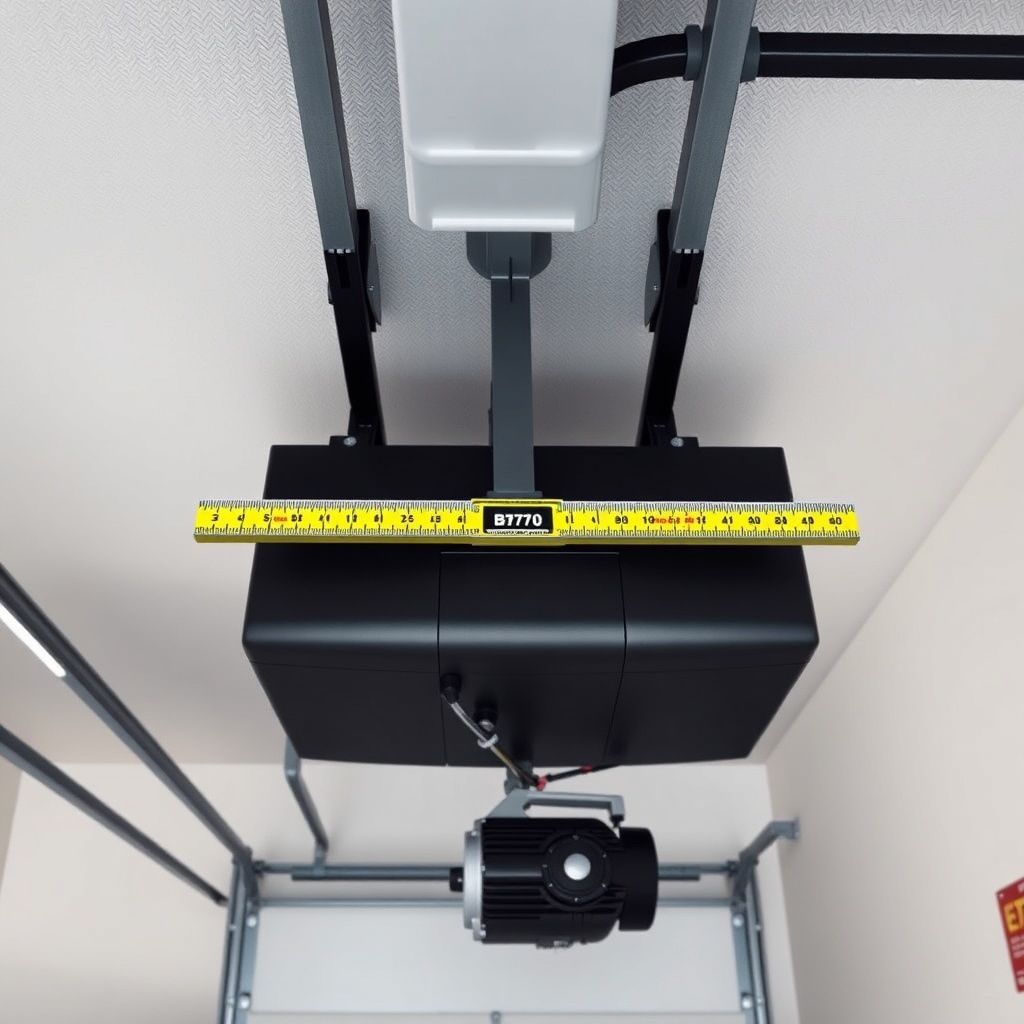 A photorealistic wide shot of a garage interior showing the Chamberlain B970 rail system m