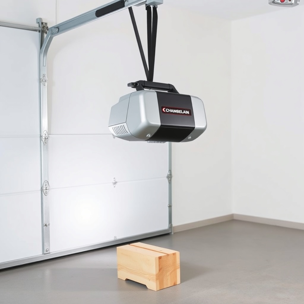 <clean photorealistic photo of a Chamberlain B970 garage door opener performing a reverse