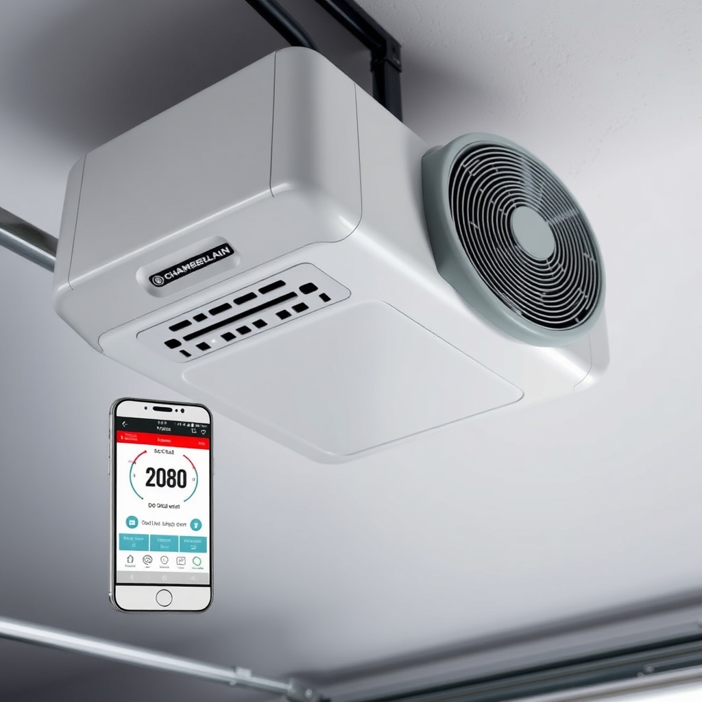 Clean photorealistic photo of a Chamberlain B970 unit mounted on a garage ceiling