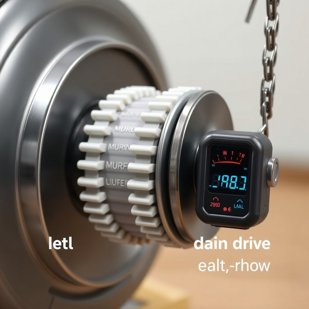 Clean photorealistic photo of a Chamberlain B970’s belt drive system (white nylon belt) co