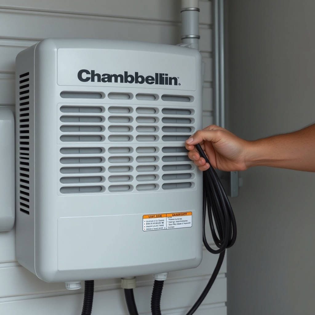 <Clean photorealistic photo of a Chamberlain B970 motor unit with a person checking the po