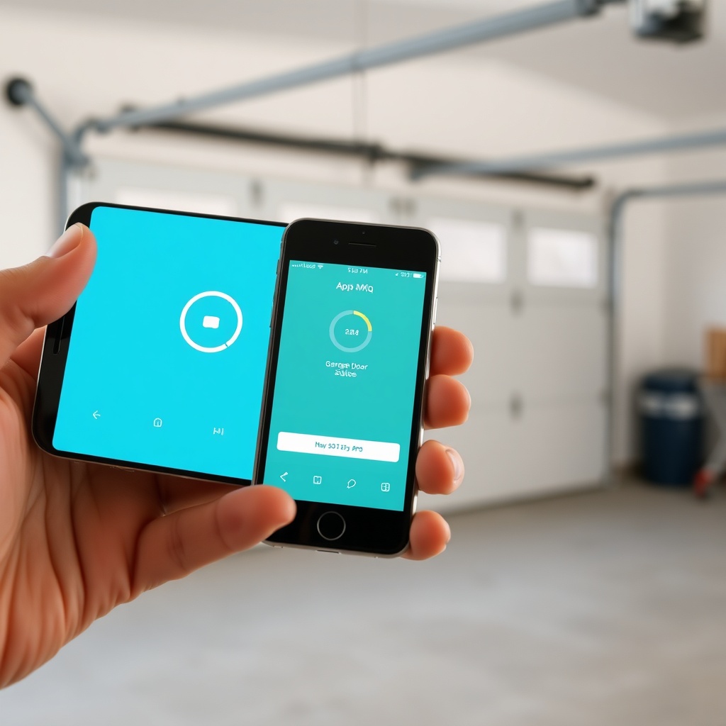 photorealistic photo of a smartphone showing MyQ app interface with garage door status