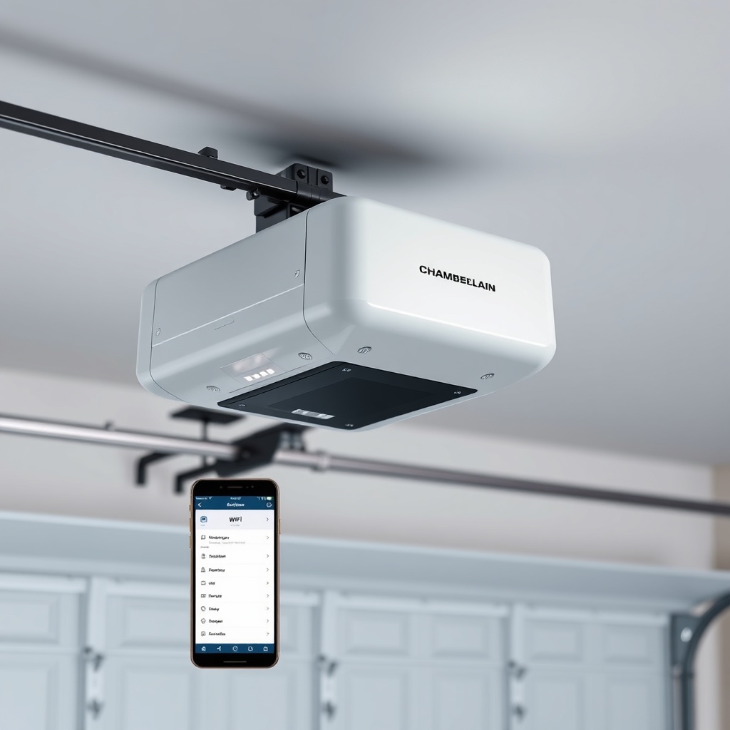 A high-resolution photorealistic photo showing a Chamberlain B970 smart garage door opener