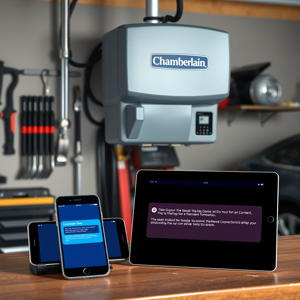A photorealistic photo of a Chamberlain B970 unit installed in a garage