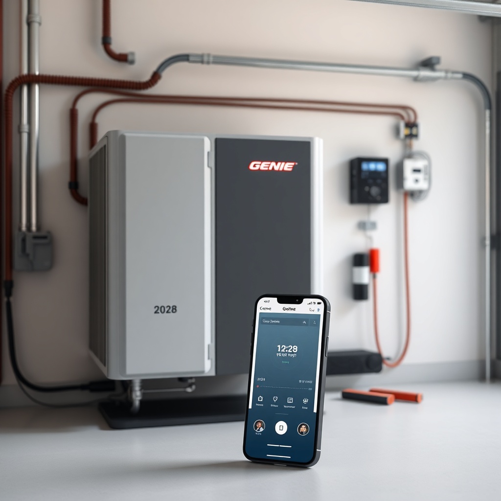 A clean photorealistic photo of a Genie 2028 motor unit connected to a modern smart home h