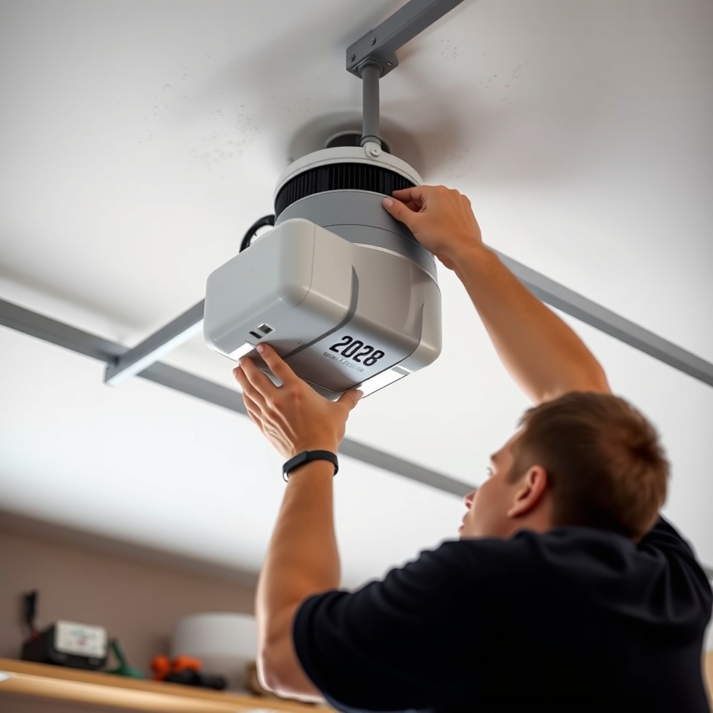 A clean photorealistic photo of a person installing a Genie 2028 motor on a garage ceiling