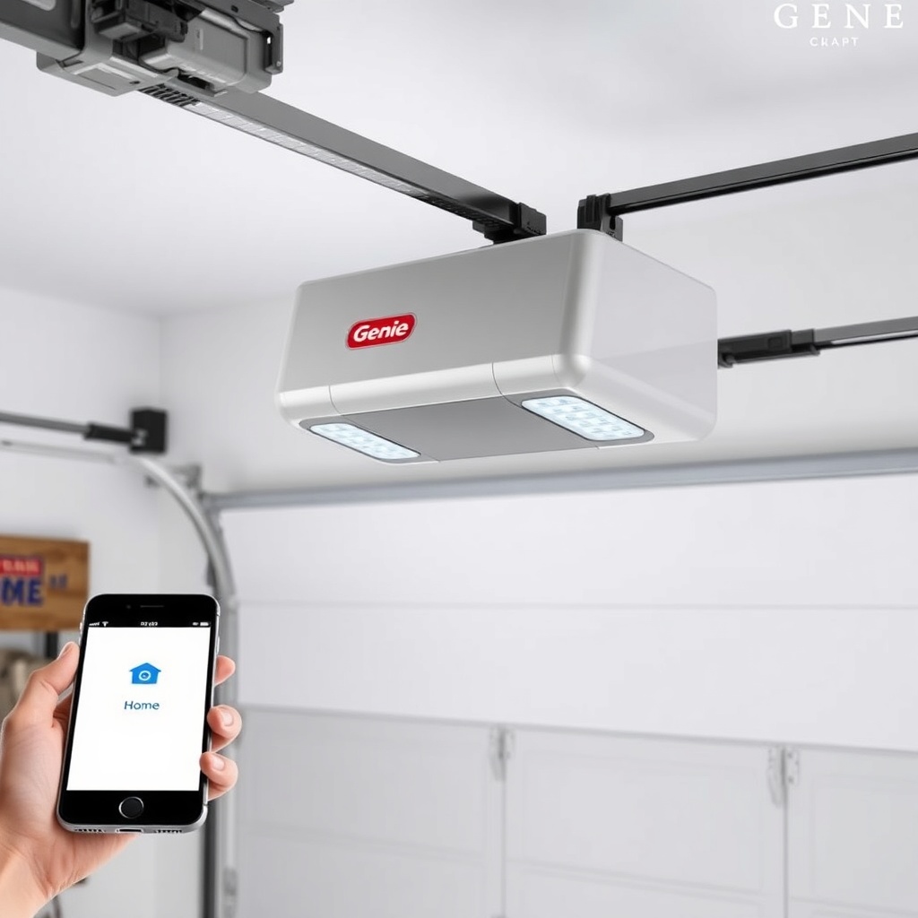 A clean photorealistic photo of a Genie 2028 garage door opener unit installed in a modern