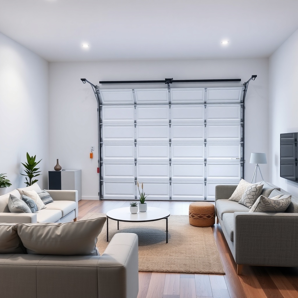 A clean photorealistic photo of a living room with smart lights turning on automatically a