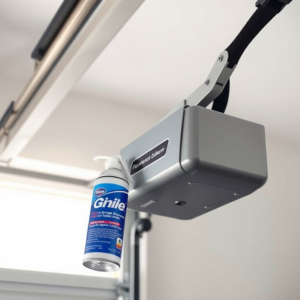 A photorealistic photo of a Genie 2028 garage door opener rail system being lubricated wit