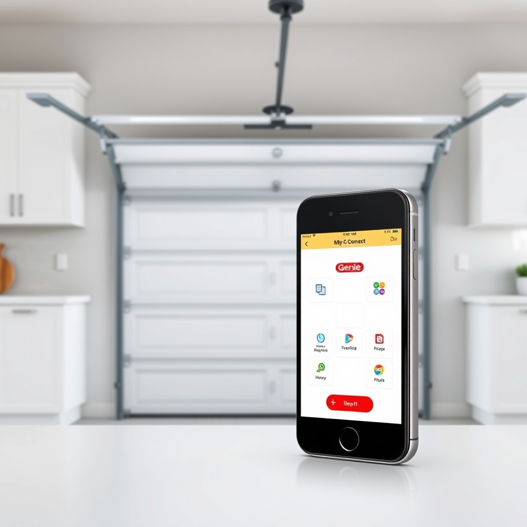A photorealistic photo of a smartphone displaying the Genie Aladdin Connect app next to a