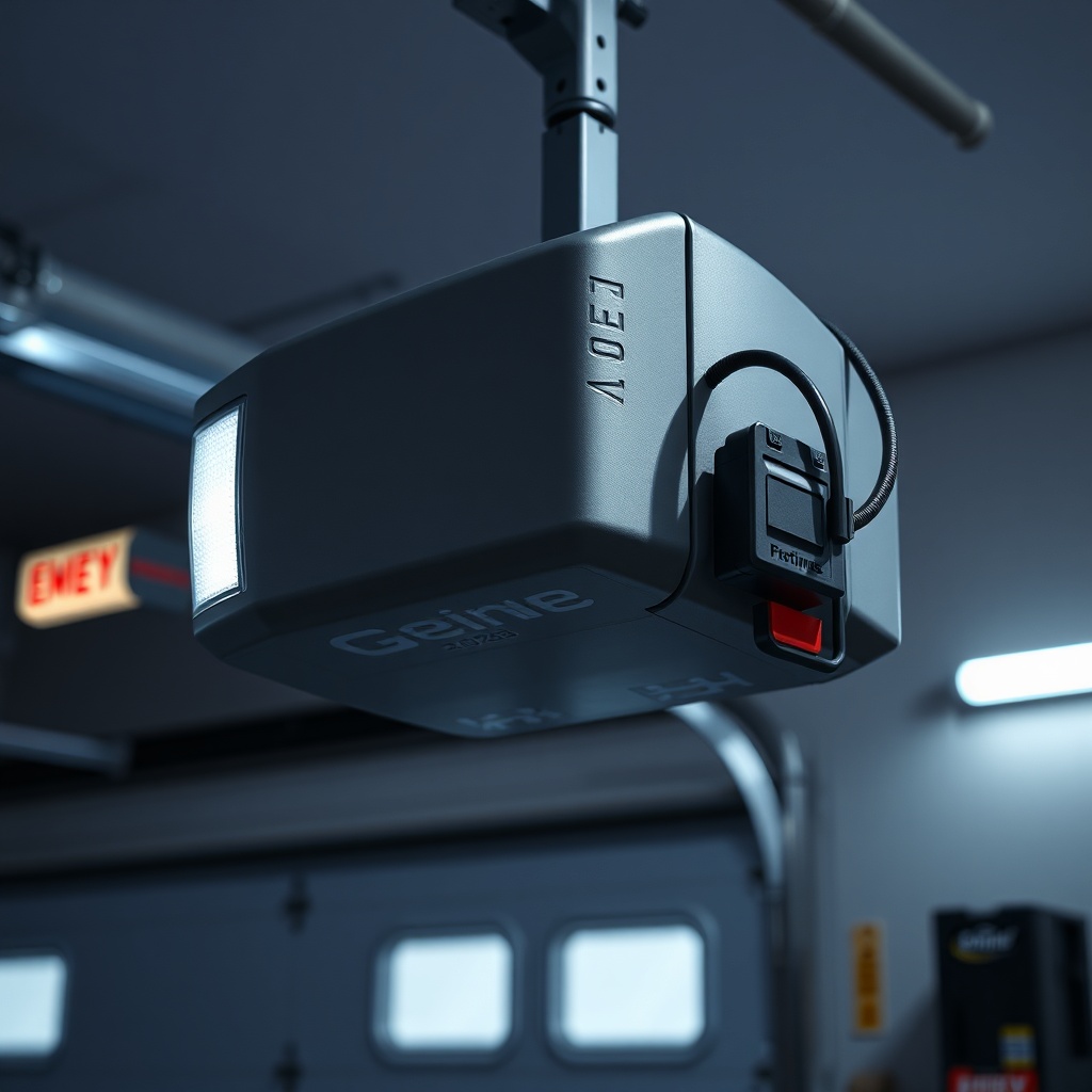A photorealistic close-up of a Genie 2028 garage door opener with a secondary battery pack