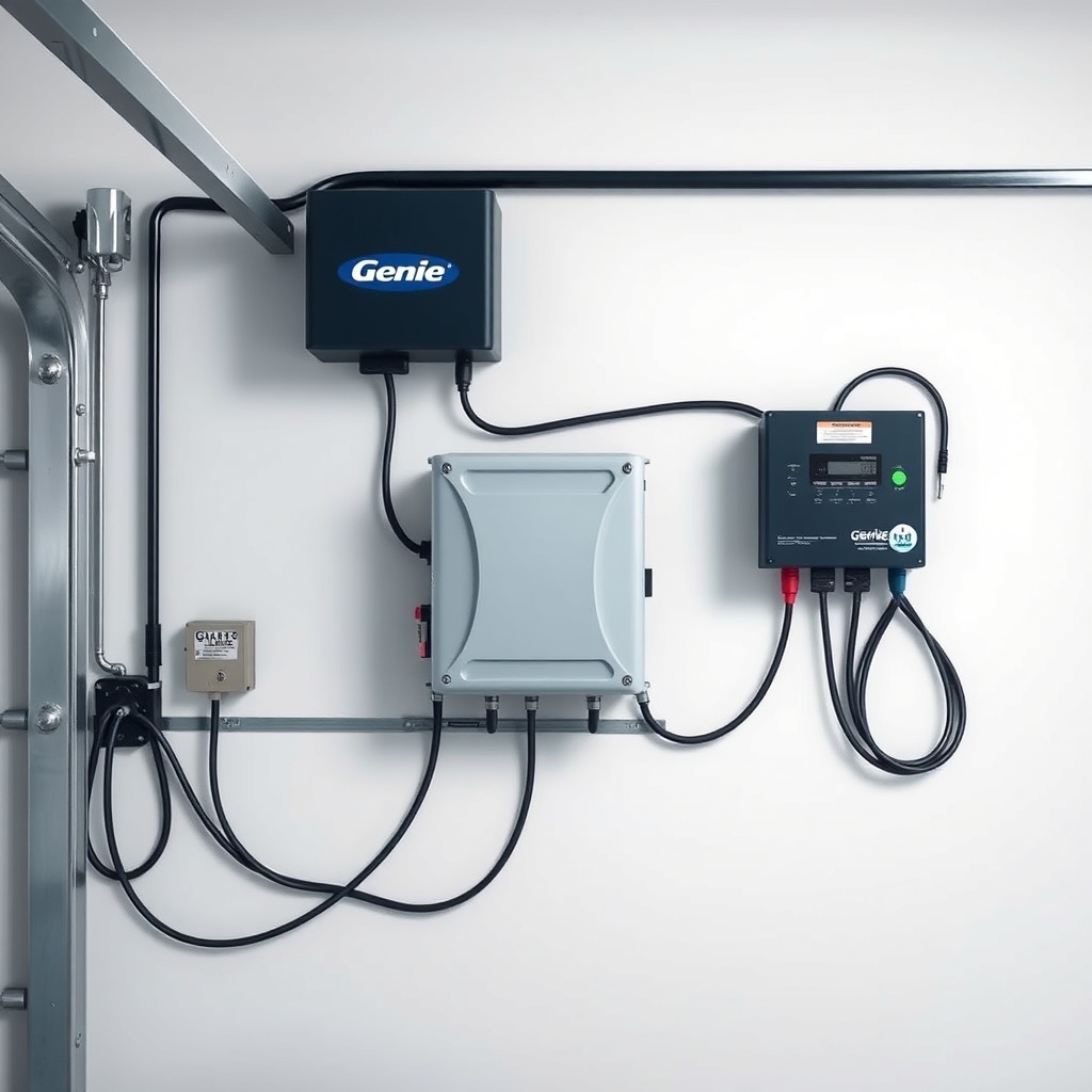A photorealistic wide shot of a Genie 2028 system with the battery backup module mounted o