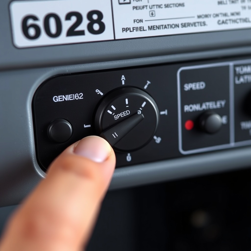 A close-up photorealistic photo of a Genie 2028 motor unit control panel with the "Speed"