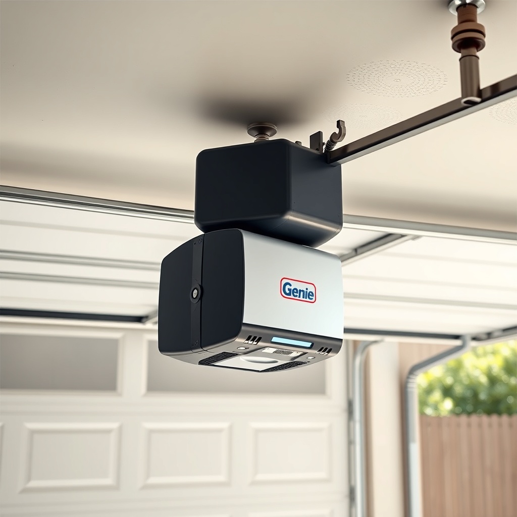 A wide photorealistic shot of a residential garage with a Genie 2028 opener installed