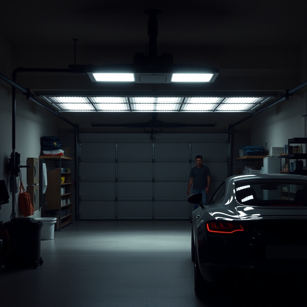 A night shot of a well-lit garage interior with a Genie 2028 motor's LED lights turned on