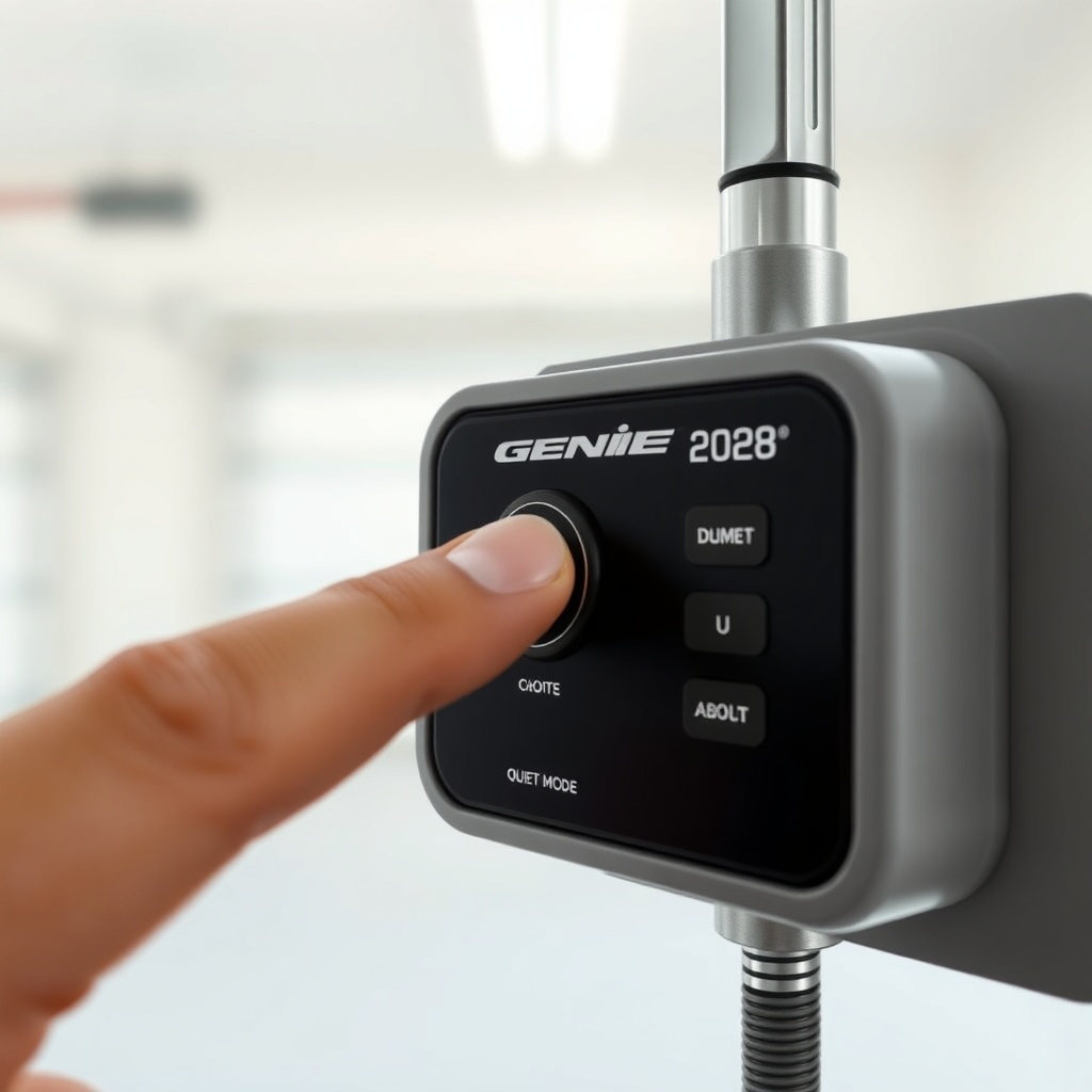 A photorealistic close-up of a Genie 2028 control panel with a finger pressing a "Quiet Mo