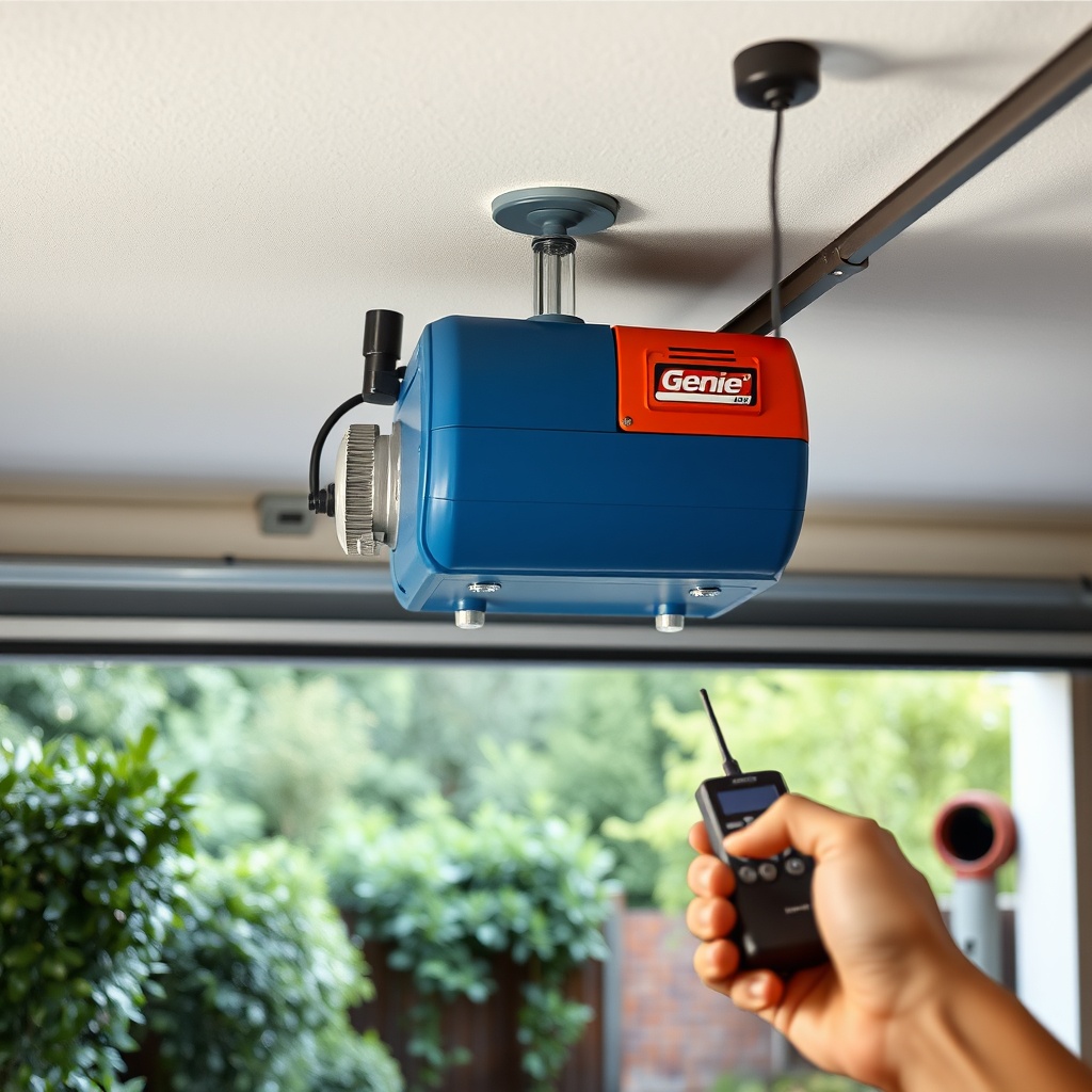 Photorealistic shot of a Genie 2028 motor unit on a garage ceiling