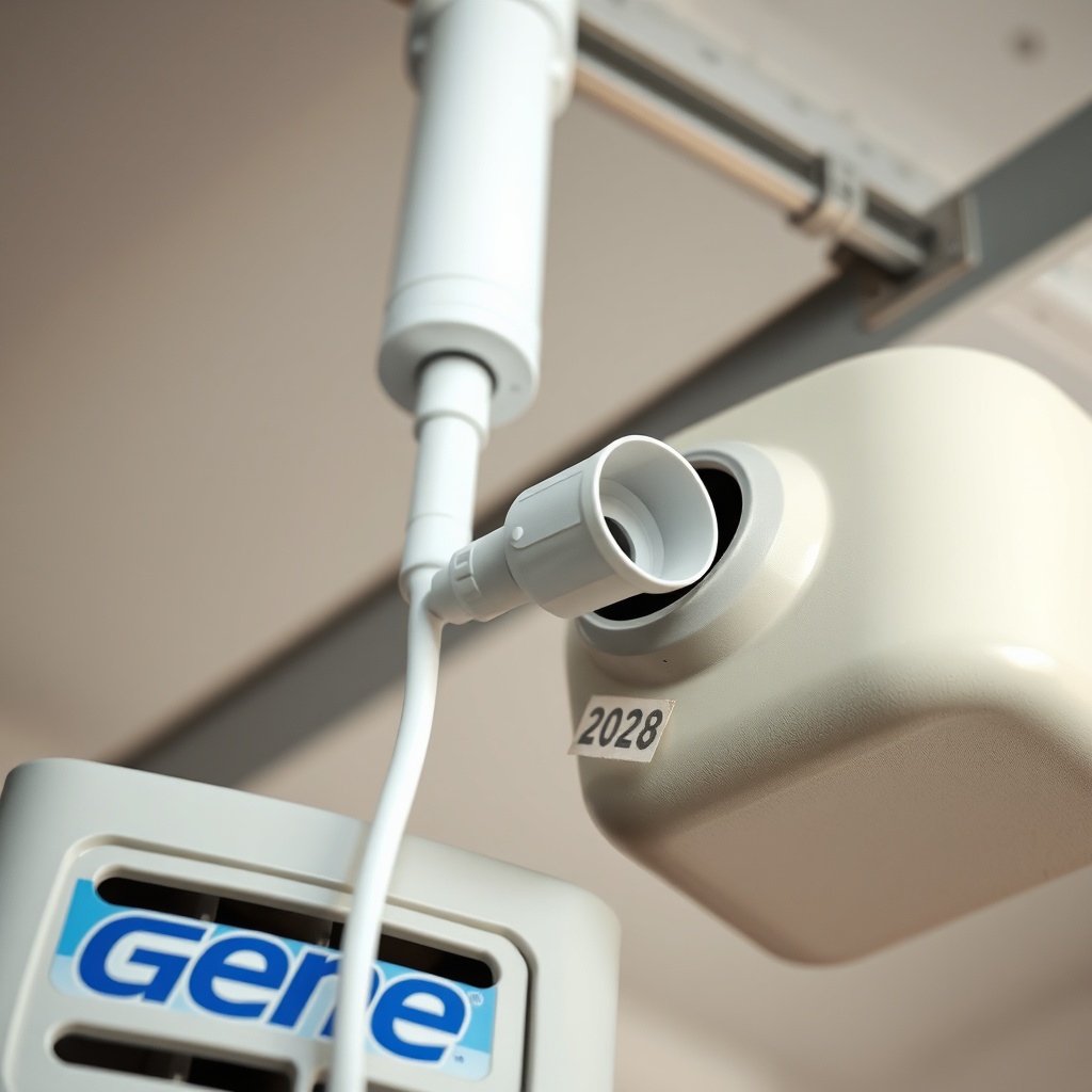 Photorealistic close-up of a Genie 2028 motor unit with a white coaxial cable attached to