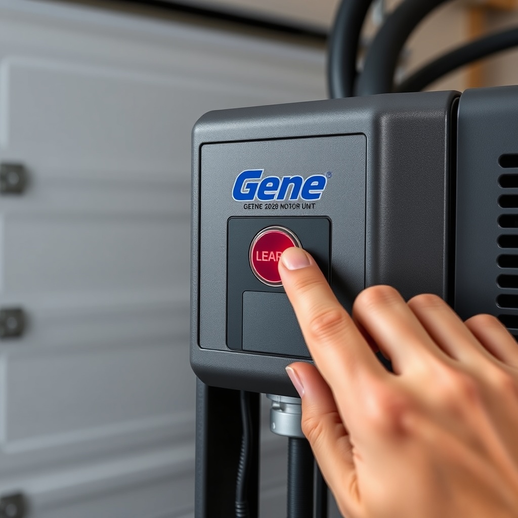 <clean photorealistic photo of a person’s hand pressing the "Learn" button on a Genie 2028