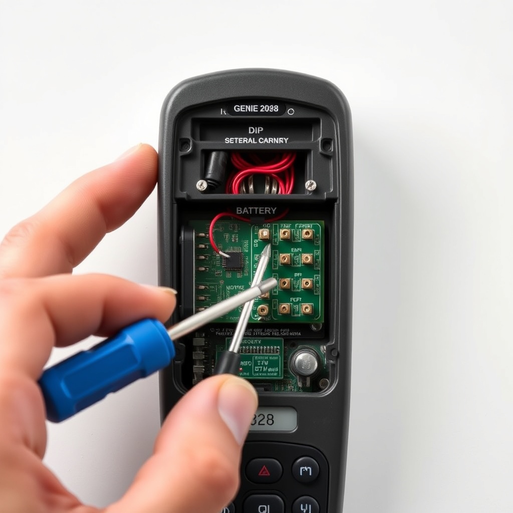 <clean photorealistic photo of a Genie 2028 remote control opened showing battery compartm